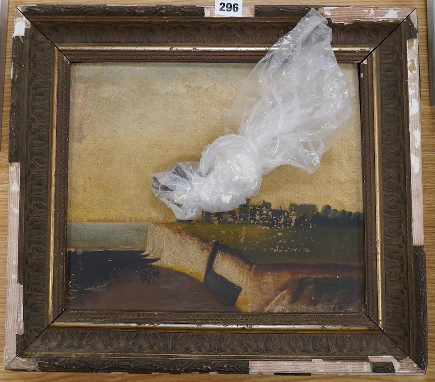 From the Studio of Fred Cuming. c.1900 Naïve, oil on canvas, Castle and cliffs, indistinctly signed lower right, 29 x 34cm. Condition - poor